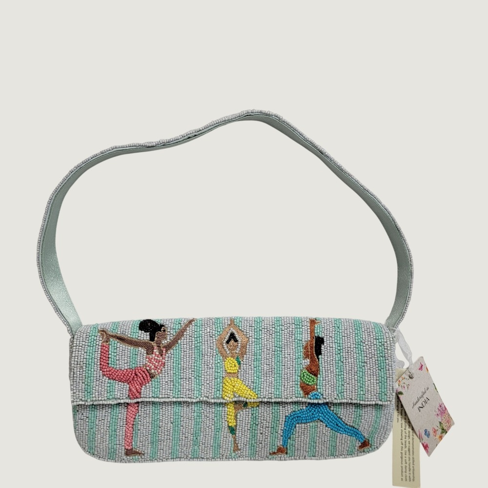 Handcrafted India Yoga Poses Namaste Beaded Shoulder Bag Mint Green Striped NEW
